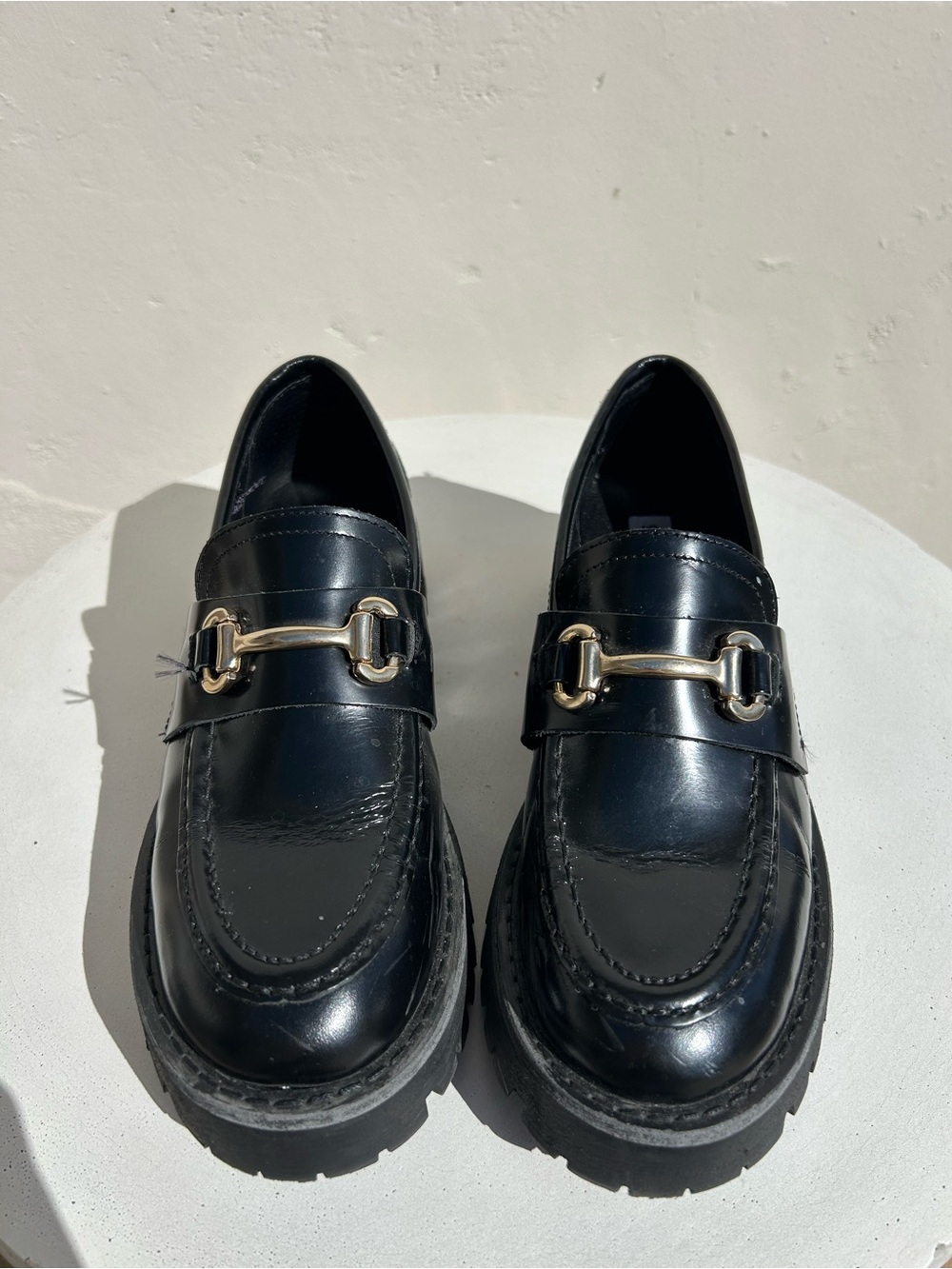 Steve Madden Black Leather Bit Loafers with Gold Hardware
